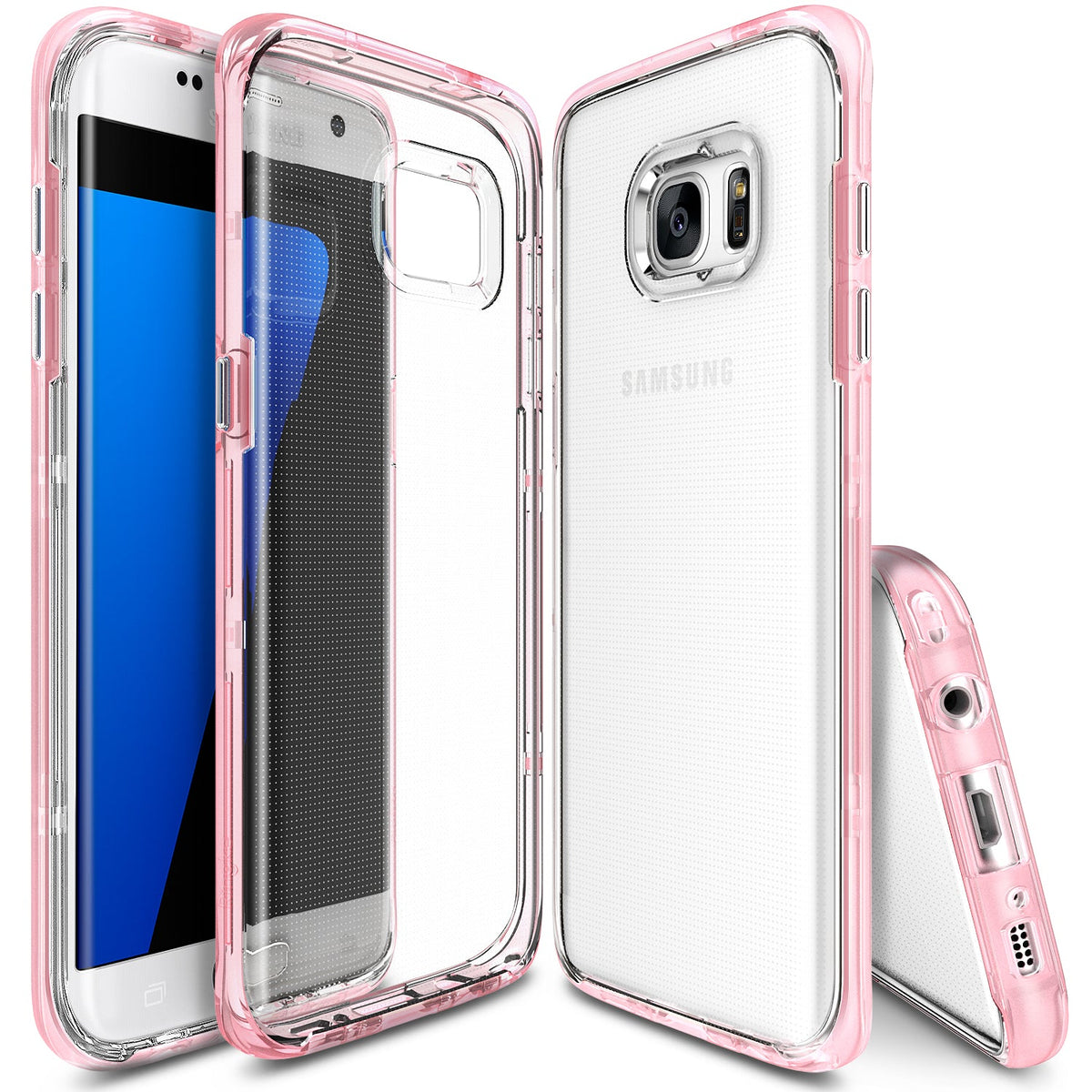 Galaxy S7 Edge Case | Frame - Transparent protective phone case with a pink bumper shown from front, back, and bottom angles.
