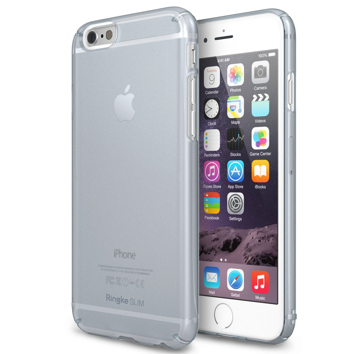 iPhone 6 Case | Slim - A translucent frost gray slim case on an iPhone 6 showing both the back and front screen interface.