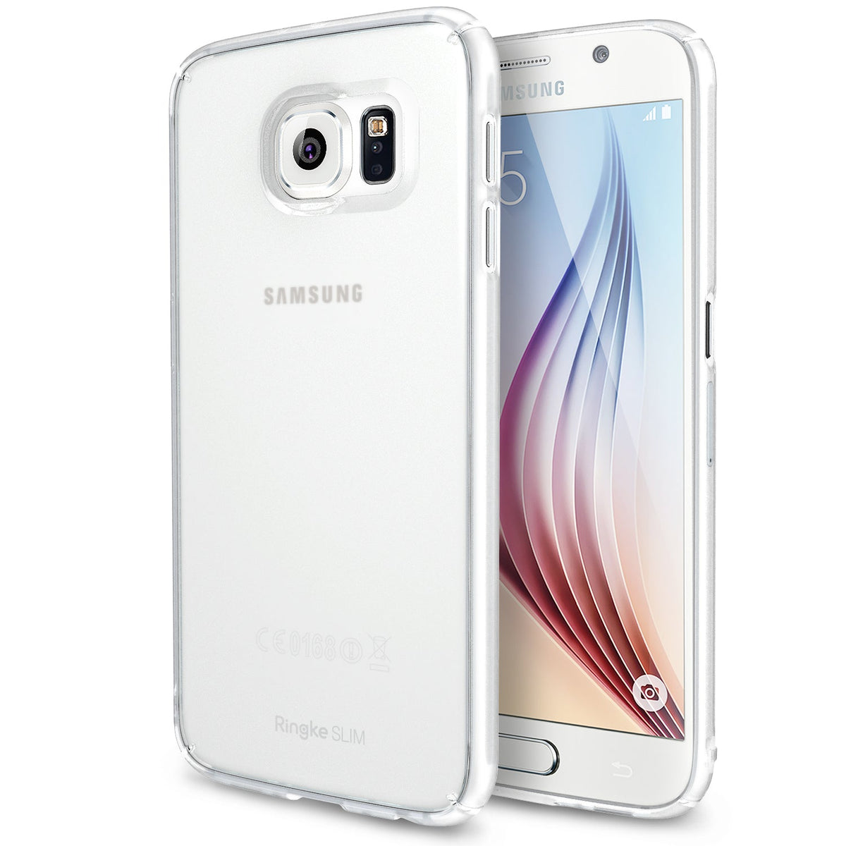 Galaxy S6 Case | Slim - A clear, slim protective case on a white Samsung Galaxy S6 smartphone.
