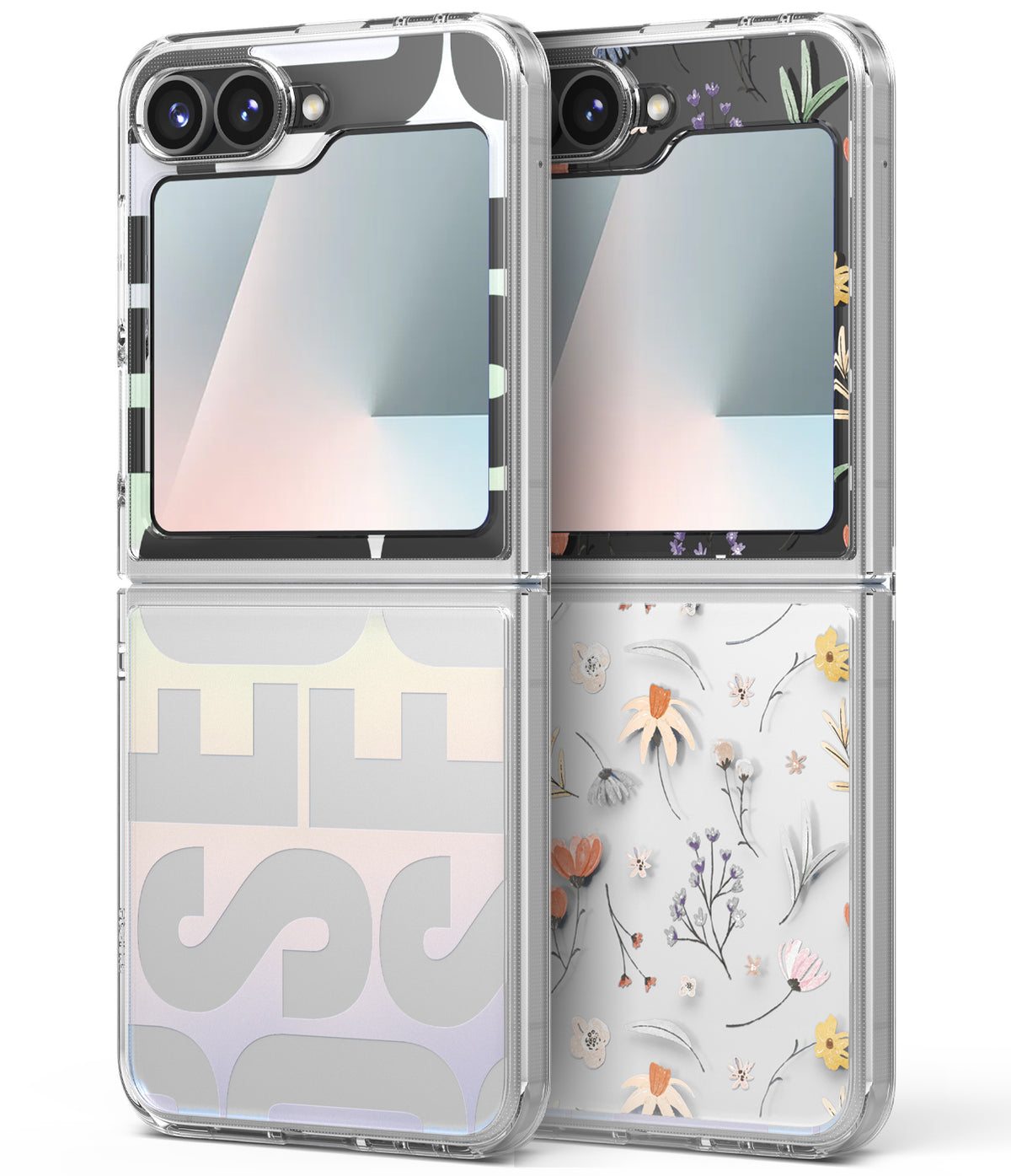 Galaxy Z Flip 7 FE Case | Fusion Design - Two clear Galaxy Z Flip cases, one with bold typography and one with floral patterns.