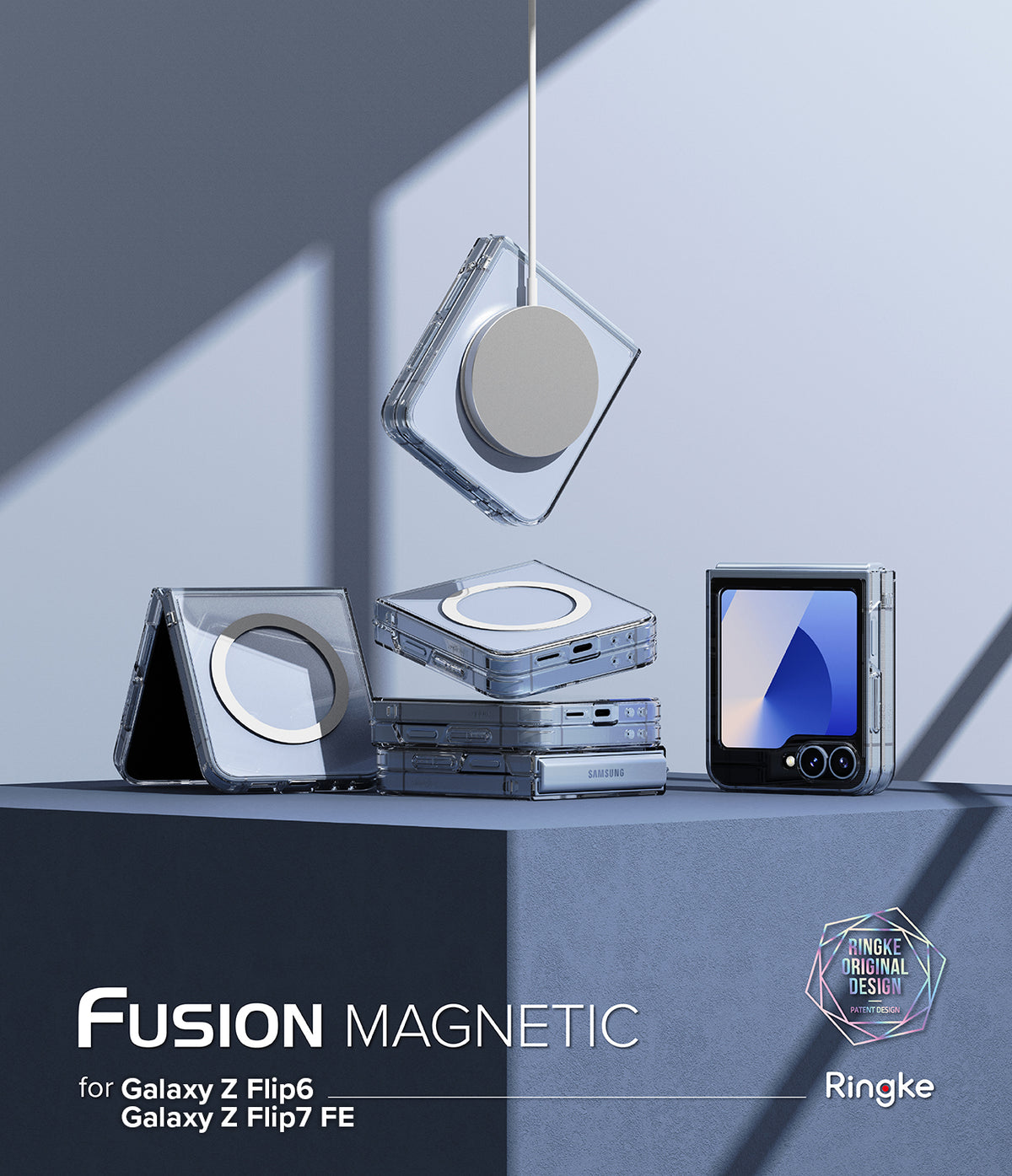 Galaxy Z Flip 7 FE Case | Fusion Magnetic - Clear magnetic phone cases for Galaxy Z Flip stacked on a blue pedestal.