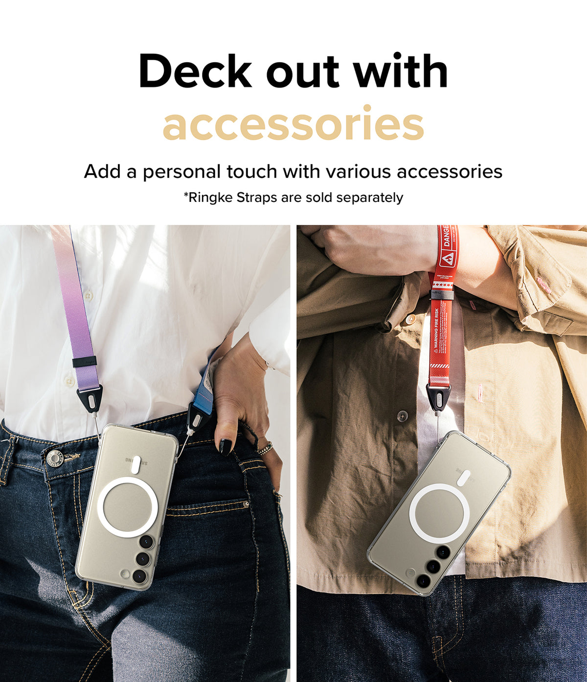 Galaxy S23 Case | Fusion Magnetic Matte - Two people wearing Galaxy S23 phones with magnetic cases and colorful straps.