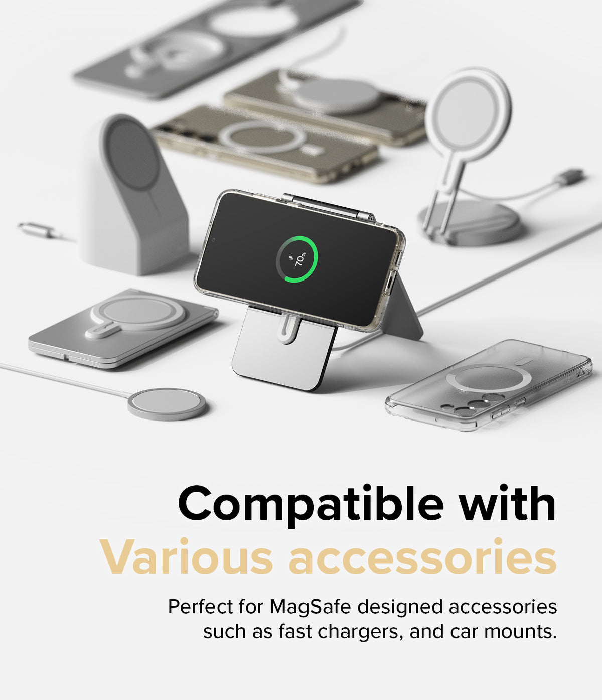 Galaxy S23 Case | Fusion Magnetic Matte - Galaxy S23 phone charging on a magnetic stand surrounded by MagSafe accessories.