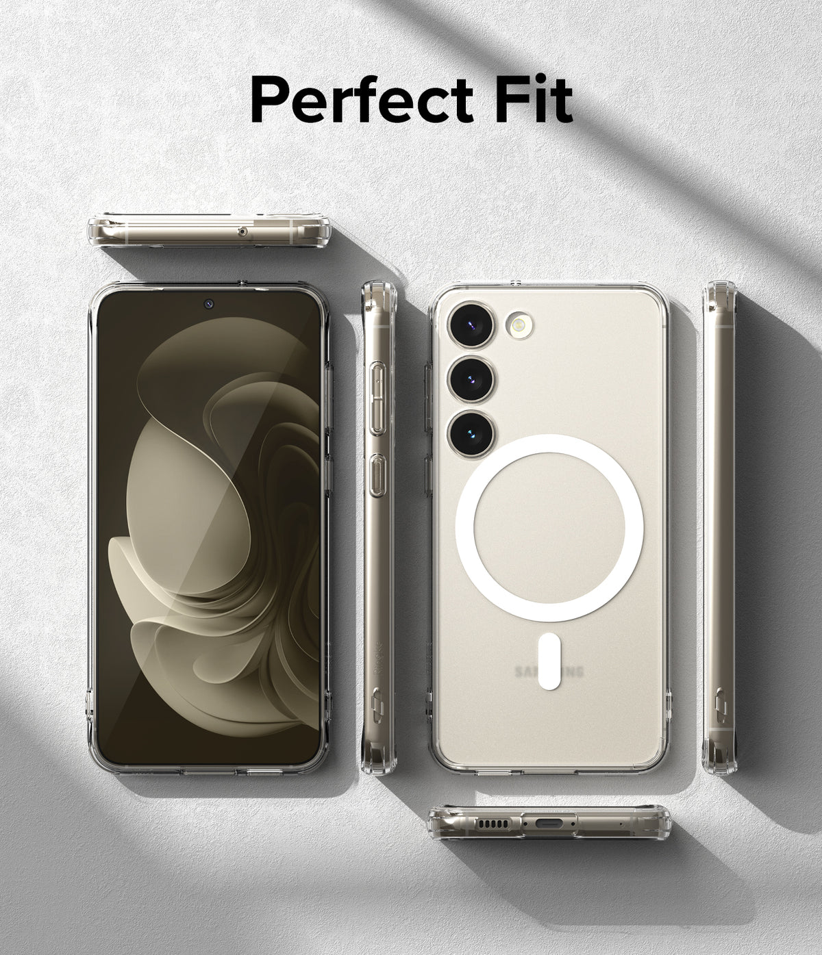Galaxy S23 Case | Fusion Magnetic Matte - Multiple views of a clear phone case with a magnetic ring on a textured background.
