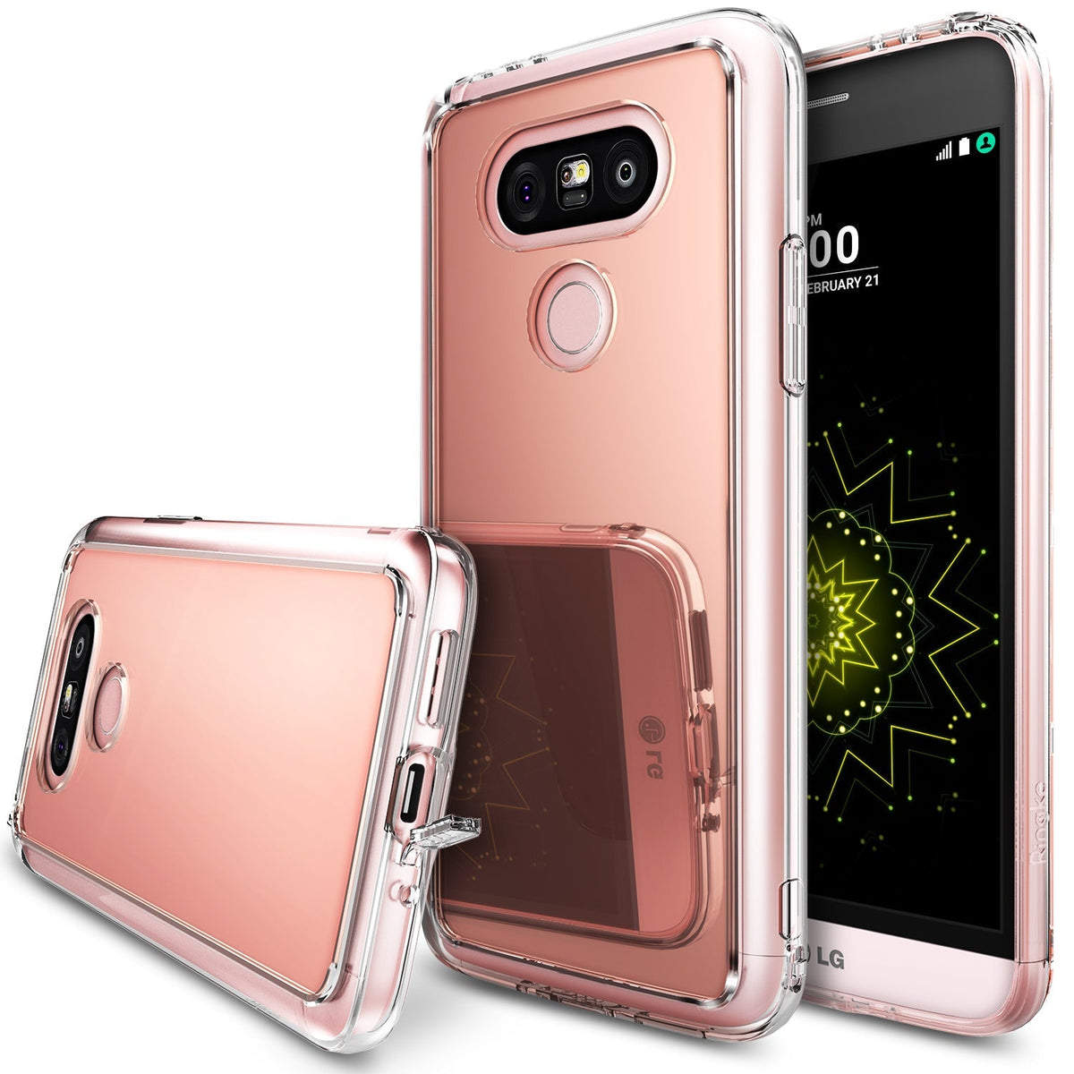 LG G5 | Mirror - Rose gold phone case with a reflective mirror back panel and clear protective bumper on an LG G5 smartphone.