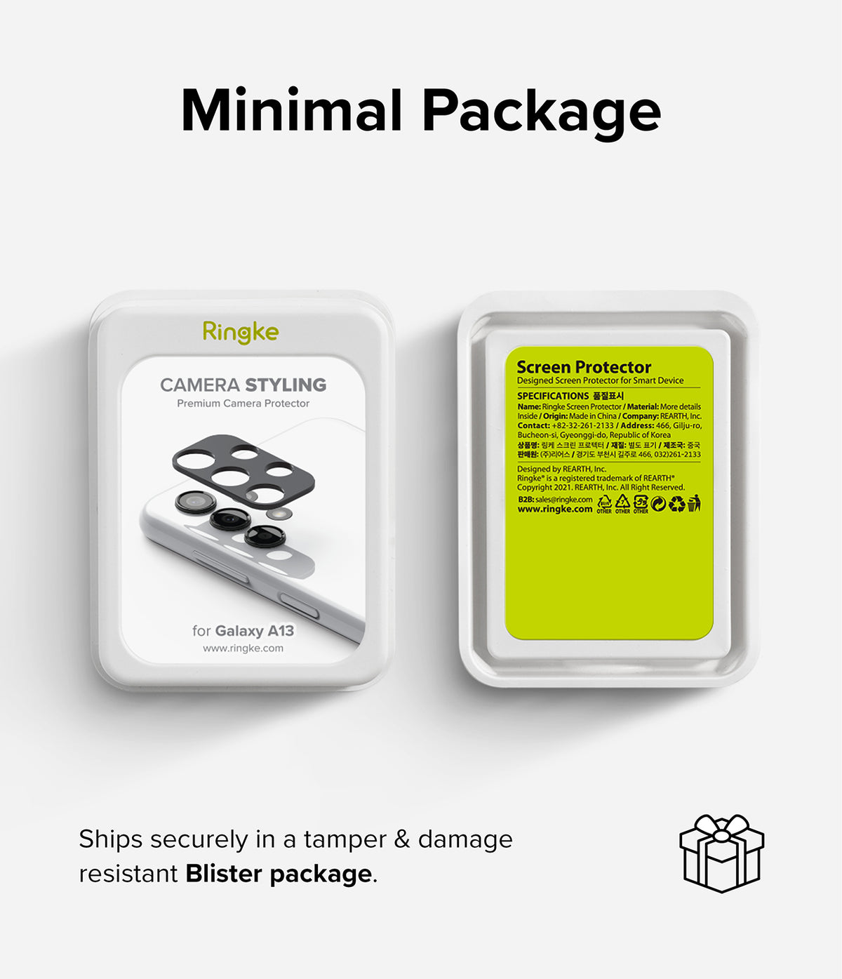 Galaxy A13 4G(LTE) | Camera Styling - Two white blister packages showing Ringke camera protector and screen protector.