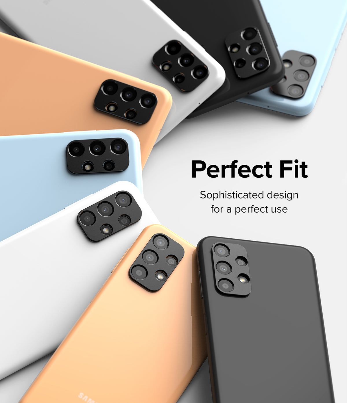 Galaxy A13 4G(LTE) | Camera Styling - Multiple Galaxy A13 phones in various colors arranged in a fan shape around text.
