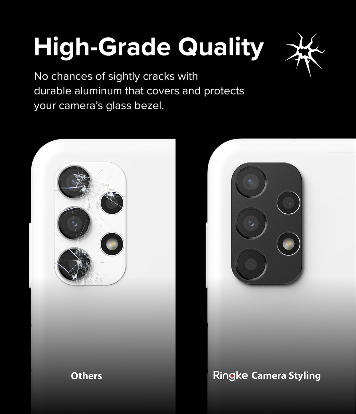 Galaxy A13 4G(LTE) | Camera Styling - Comparison of a cracked phone camera lens versus one protected by a Ringke aluminum cover.