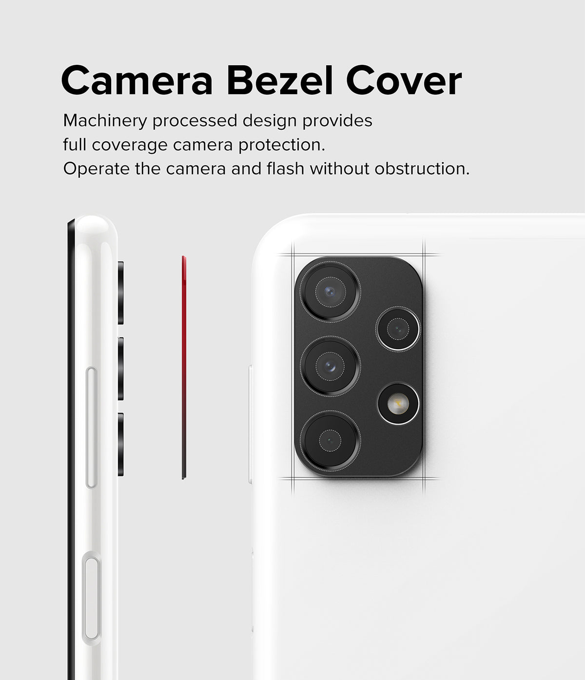 Galaxy A13 4G(LTE) | Camera Styling - A black camera bezel cover being applied to the back of a white smartphone.