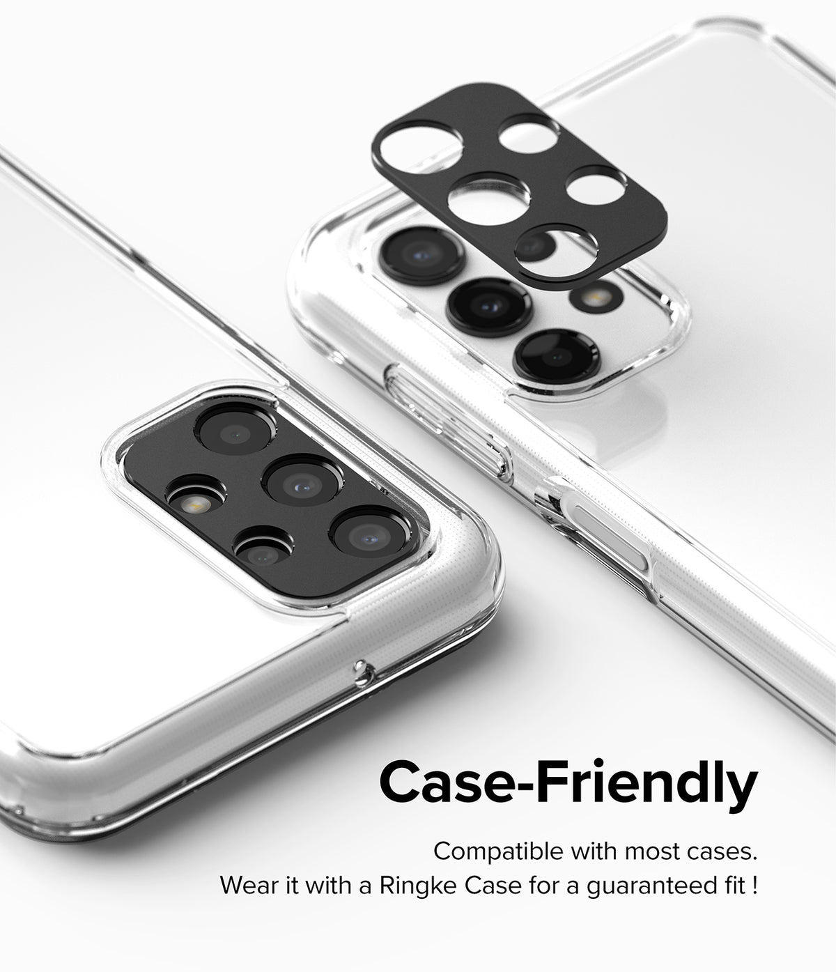 Galaxy A13 4G(LTE) | Camera Styling - Black camera lens protector being applied to a clear-cased Galaxy A13 smartphone.