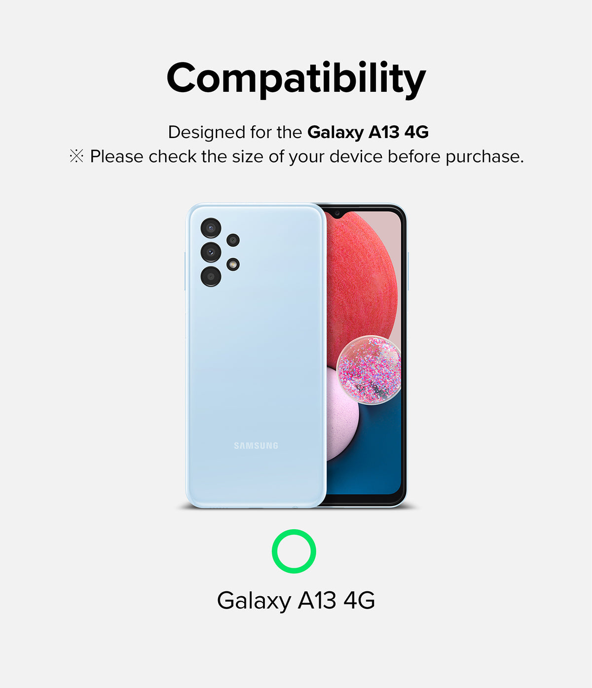 Galaxy A13 4G(LTE) | Camera Styling - Light blue Samsung Galaxy A13 4G smartphone shown from front and back with a green checkmark.