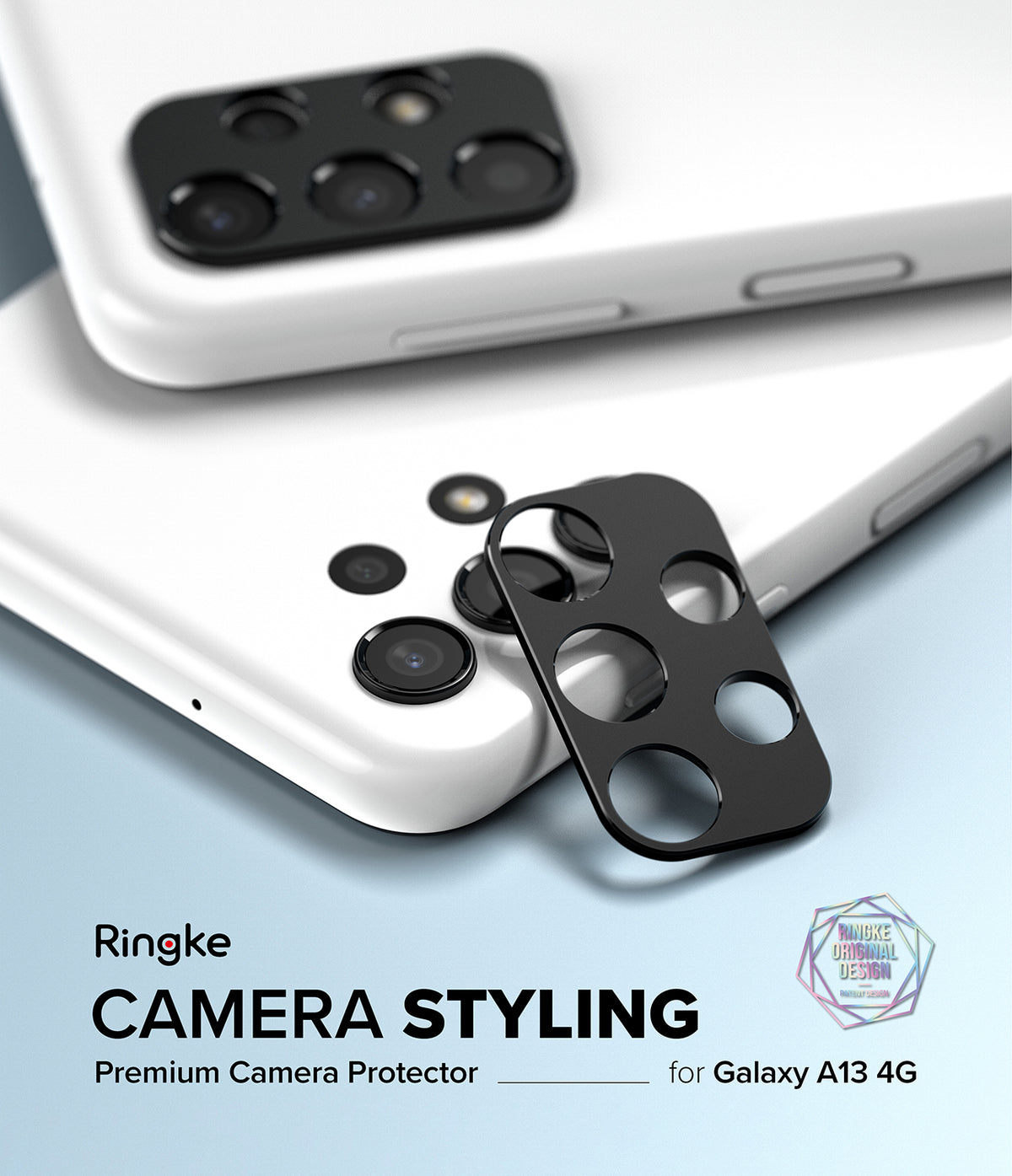 Galaxy A13 4G(LTE) | Camera Styling - Black camera lens protector being applied to a white Galaxy A13 smartphone.