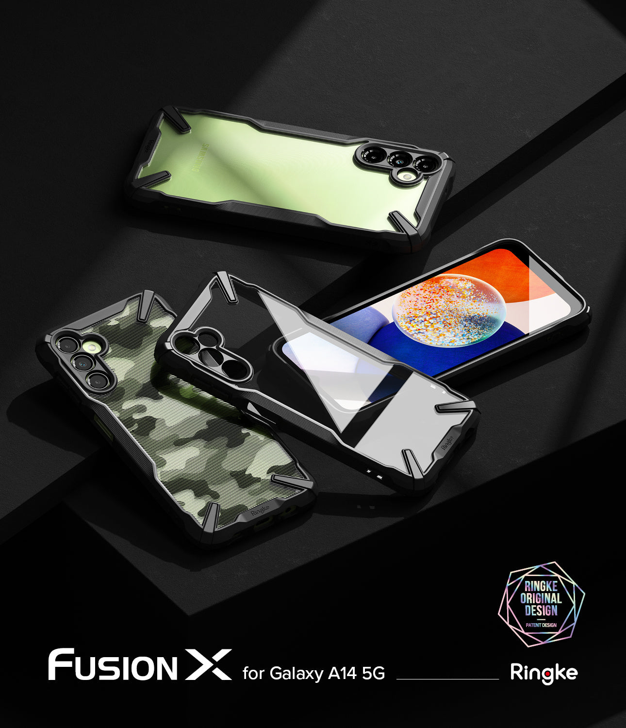 Galaxy A14 Case | Fusion-X - Three Galaxy A14 phones in black Fusion-X cases with clear, camo, and screen-up views.