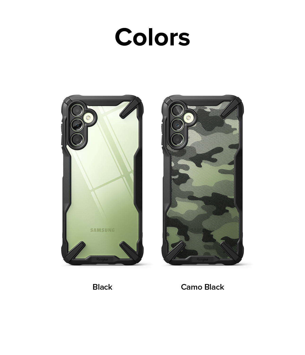 Galaxy A14 Case | Fusion-X - Two Fusion-X phone cases for Galaxy A14 in Black and Camo Black side-by-side on a white background.