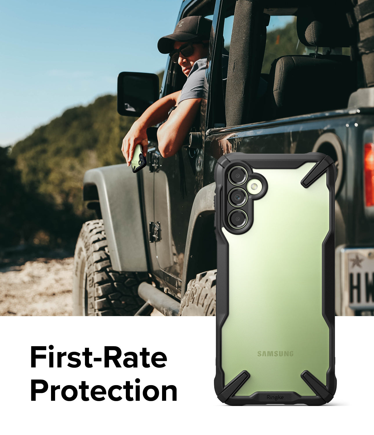 Galaxy A14 Case | Fusion-X - A rugged black and clear phone case held by a driver in an off-road vehicle.