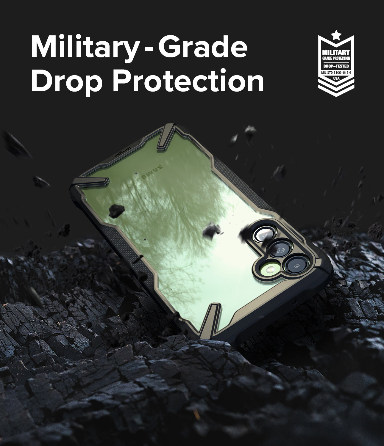 Galaxy A14 Case | Fusion-X - Black protective phone case on dark, rocky ground with military-grade drop protection text.