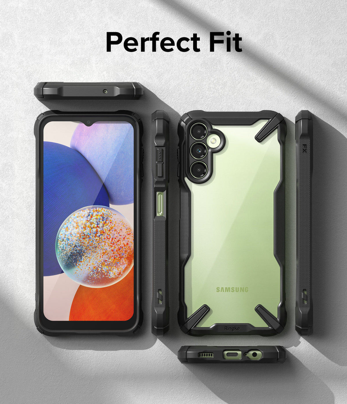 Galaxy A14 Case | Fusion-X - Multiple views of a black rugged phone case on a light green Samsung Galaxy A14.