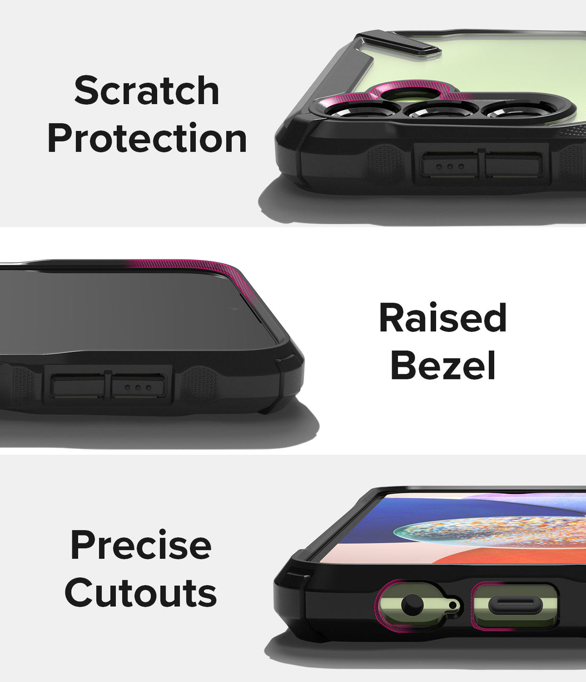 Galaxy A14 Case | Fusion-X - Three close-up views showing scratch protection, raised screen bezels, and precise port cutouts.