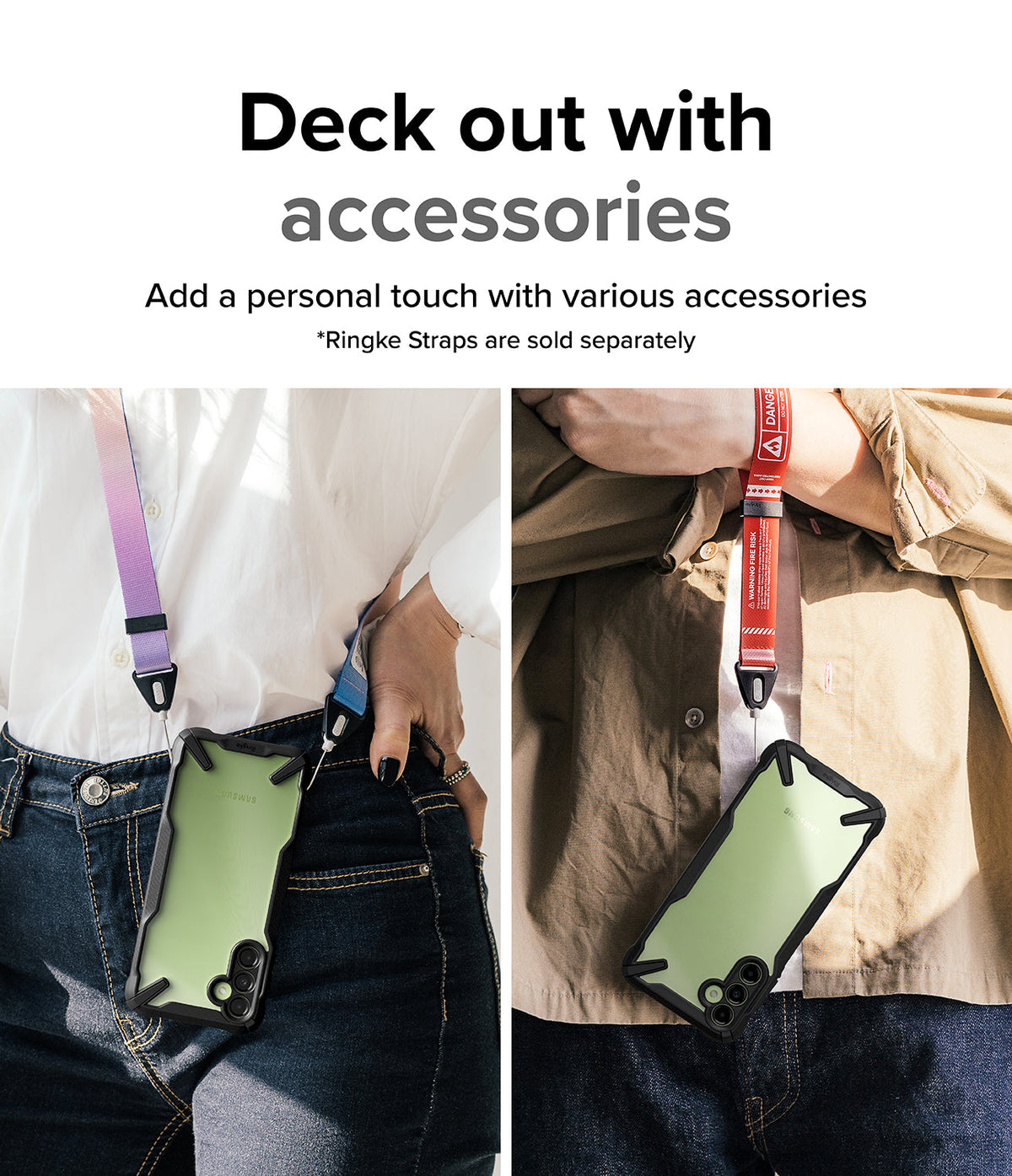 Galaxy A14 Case | Fusion-X - Two people wearing Galaxy A14 phones in Fusion-X cases with colorful wrist and neck straps.