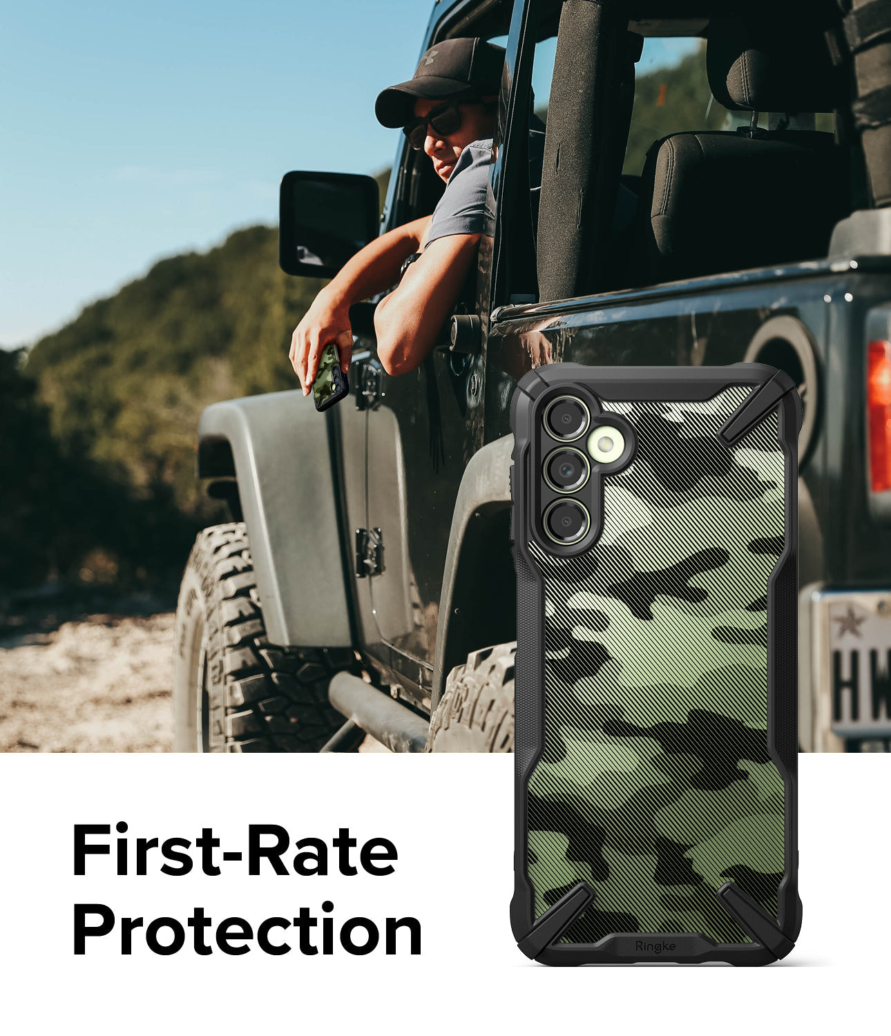 Galaxy A14 Case | Fusion-X - Camouflage phone case with black bumpers held by a driver in a Jeep, text reads First-Rate Protection.