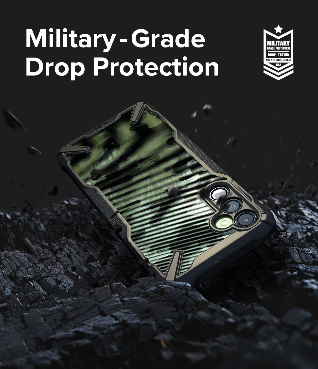 Galaxy A14 Case | Fusion-X - Camouflage phone case on dark, rocky terrain with military-grade drop protection text and badge.