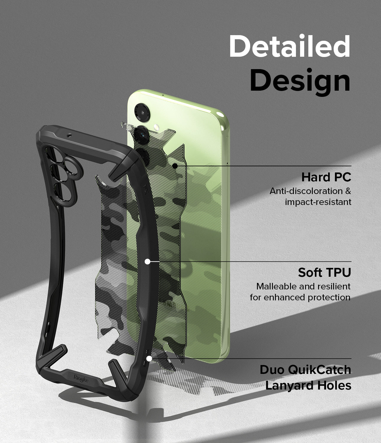 Galaxy A14 Case | Fusion-X - Exploded view of a black phone case showing hard PC, soft TPU, and lanyard hole features.