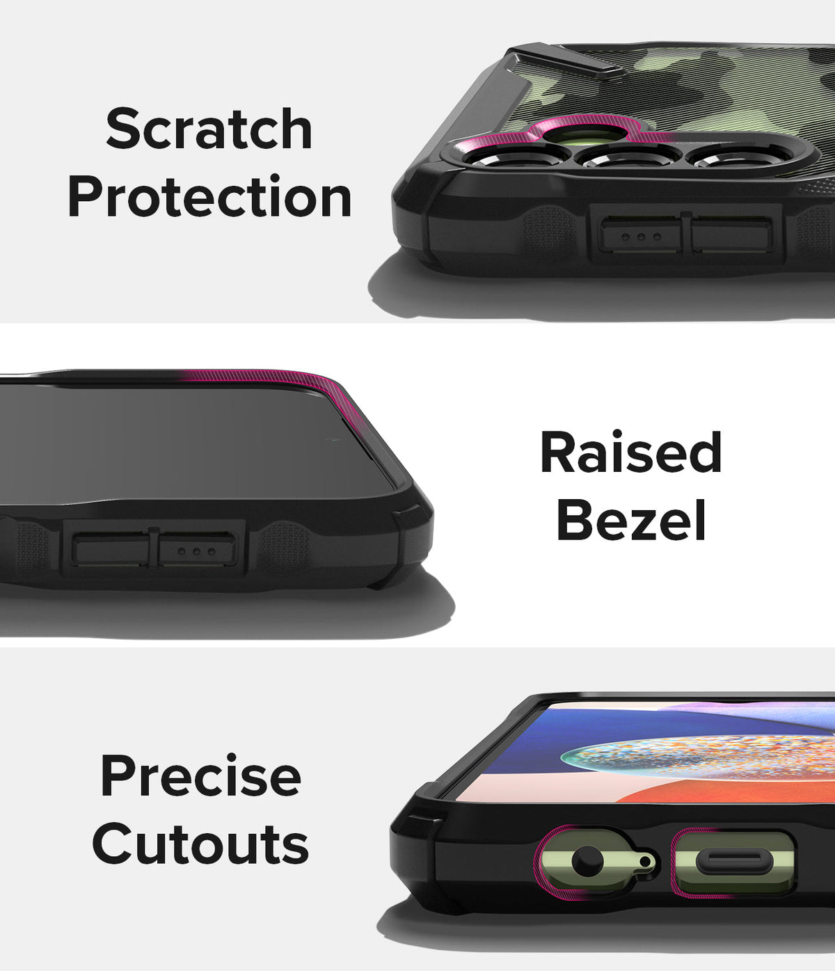 Galaxy A14 Case | Fusion-X - Close-ups showing camera protection, raised screen bezels, and precise port cutouts on a phone case.