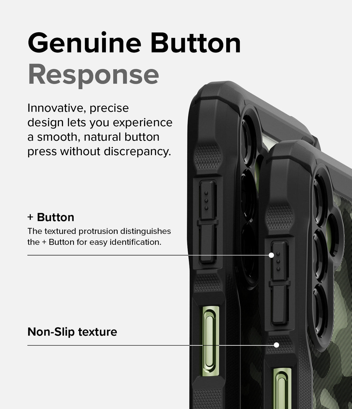Galaxy A14 Case | Fusion-X - Close-up of phone case buttons highlighting textured plus button and non-slip grip design.