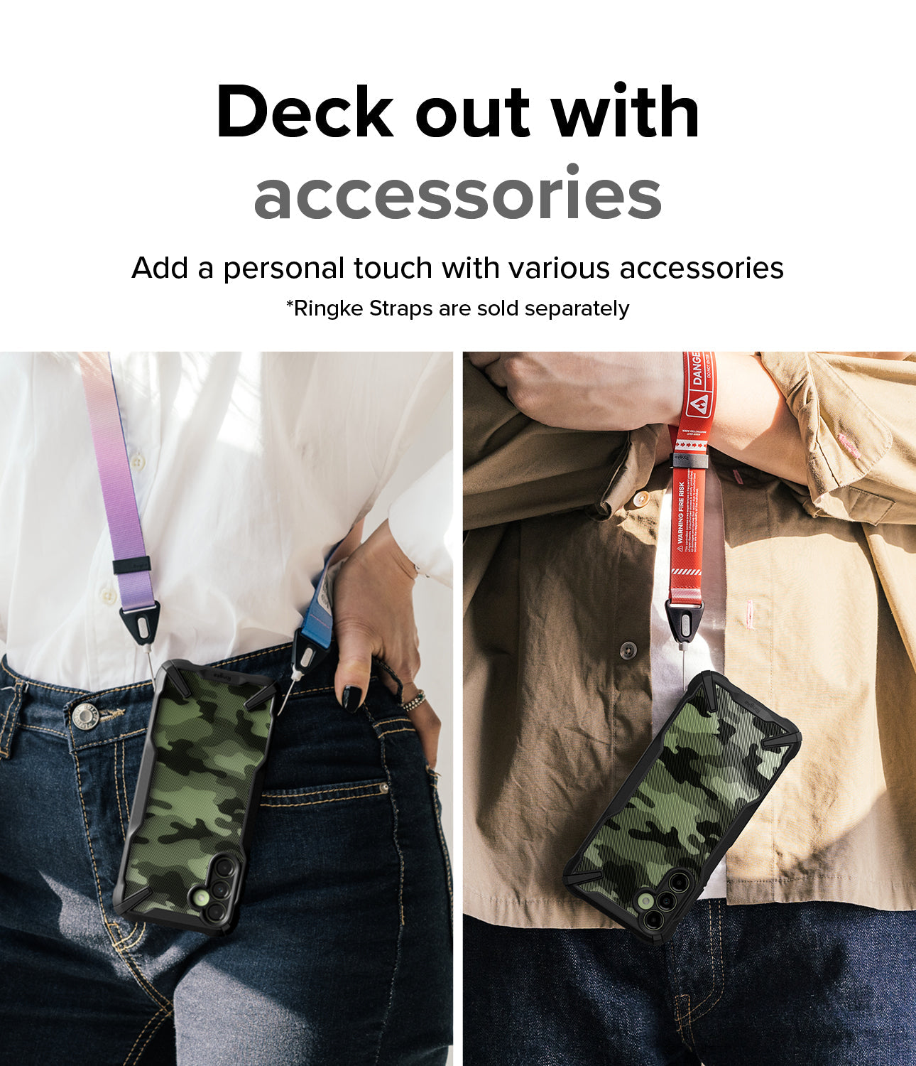 Galaxy A14 Case | Fusion-X - Two people wearing camouflage phone cases attached to colorful neck and wrist straps.
