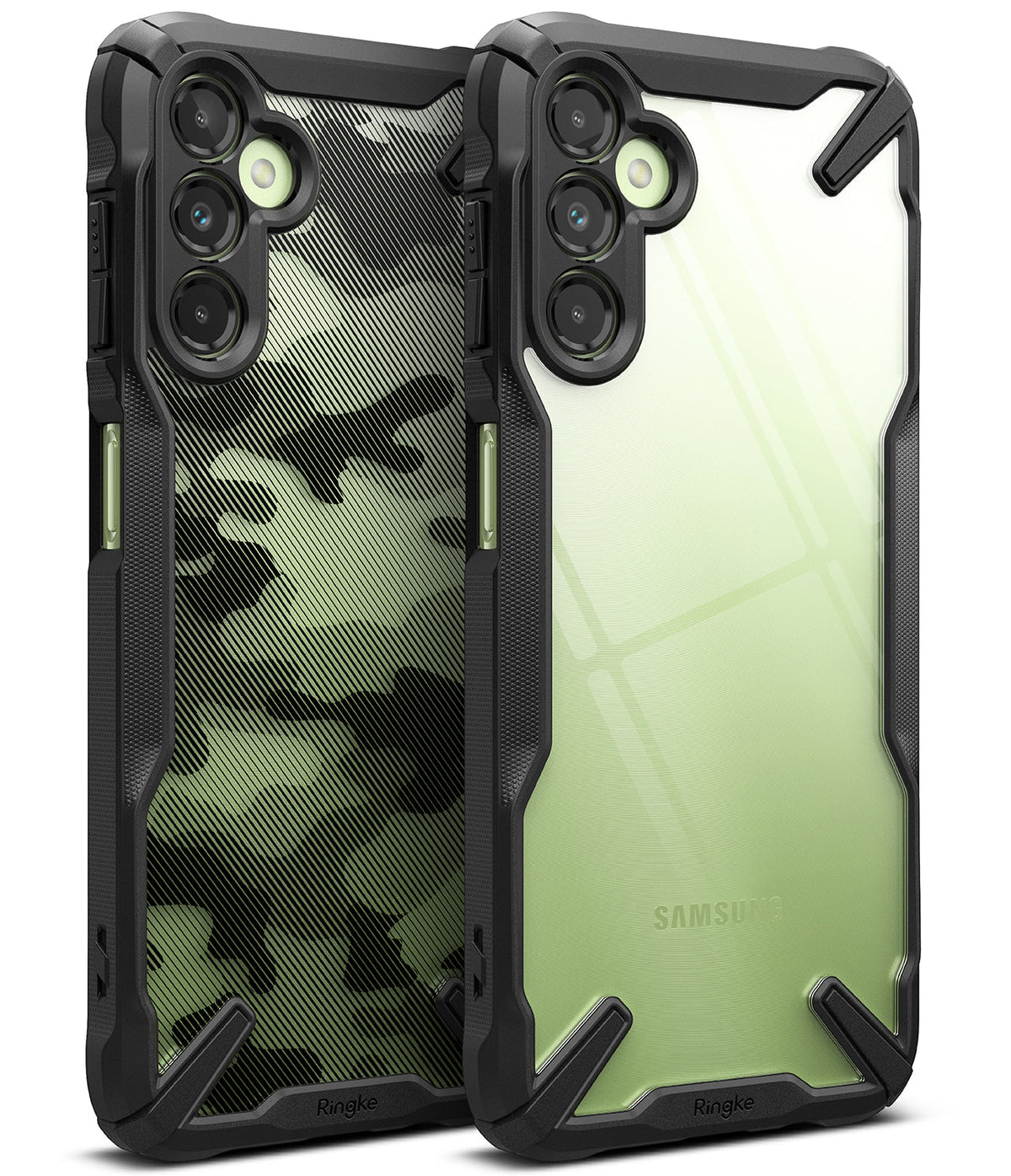Galaxy A14 Case | Fusion-X - Two rugged black phone cases with clear and camo back panels for Samsung Galaxy A14.