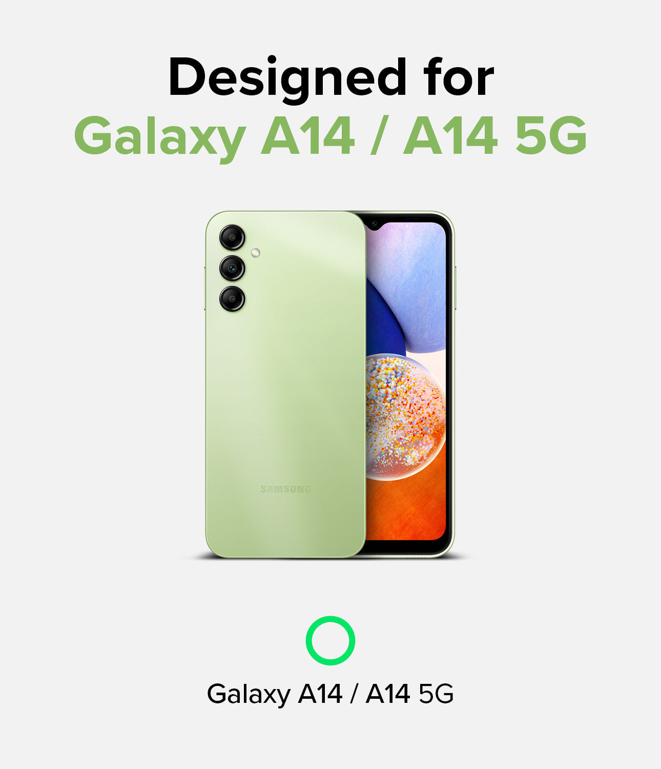 Galaxy A14 Case | Fusion-X - Light green Samsung Galaxy A14 phone shown from front and back against a white background.