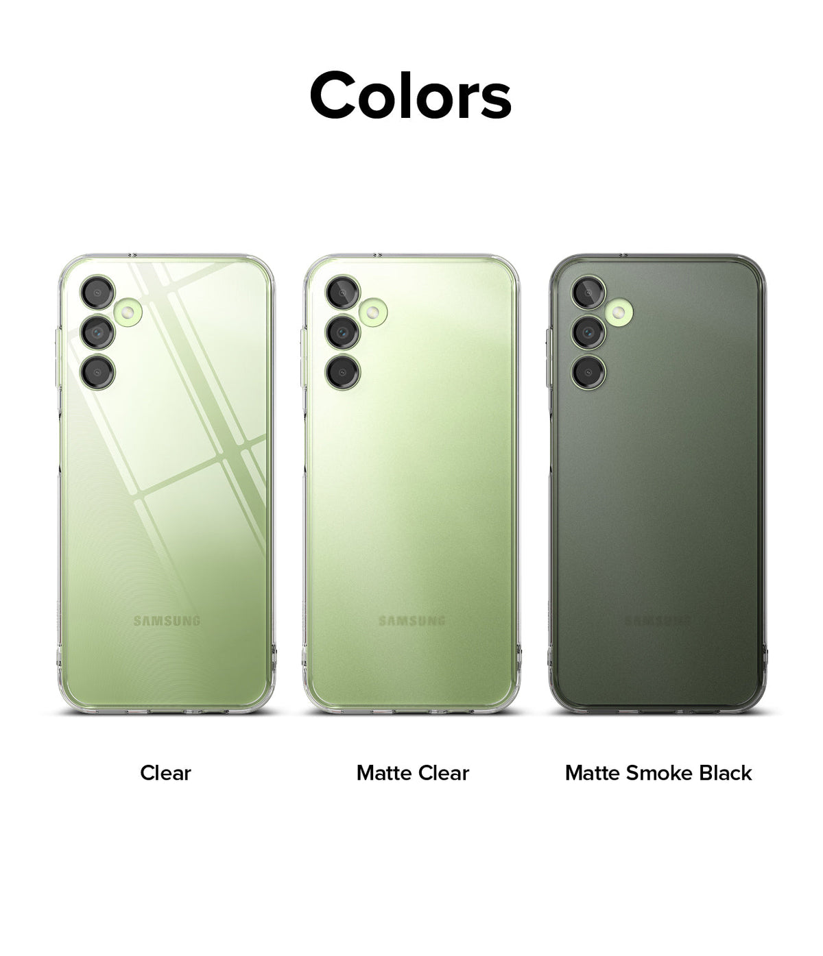 Galaxy A14 Case | Fusion - Three Galaxy A14 phones in clear, matte clear, and matte smoke black cases arranged side-by-side.