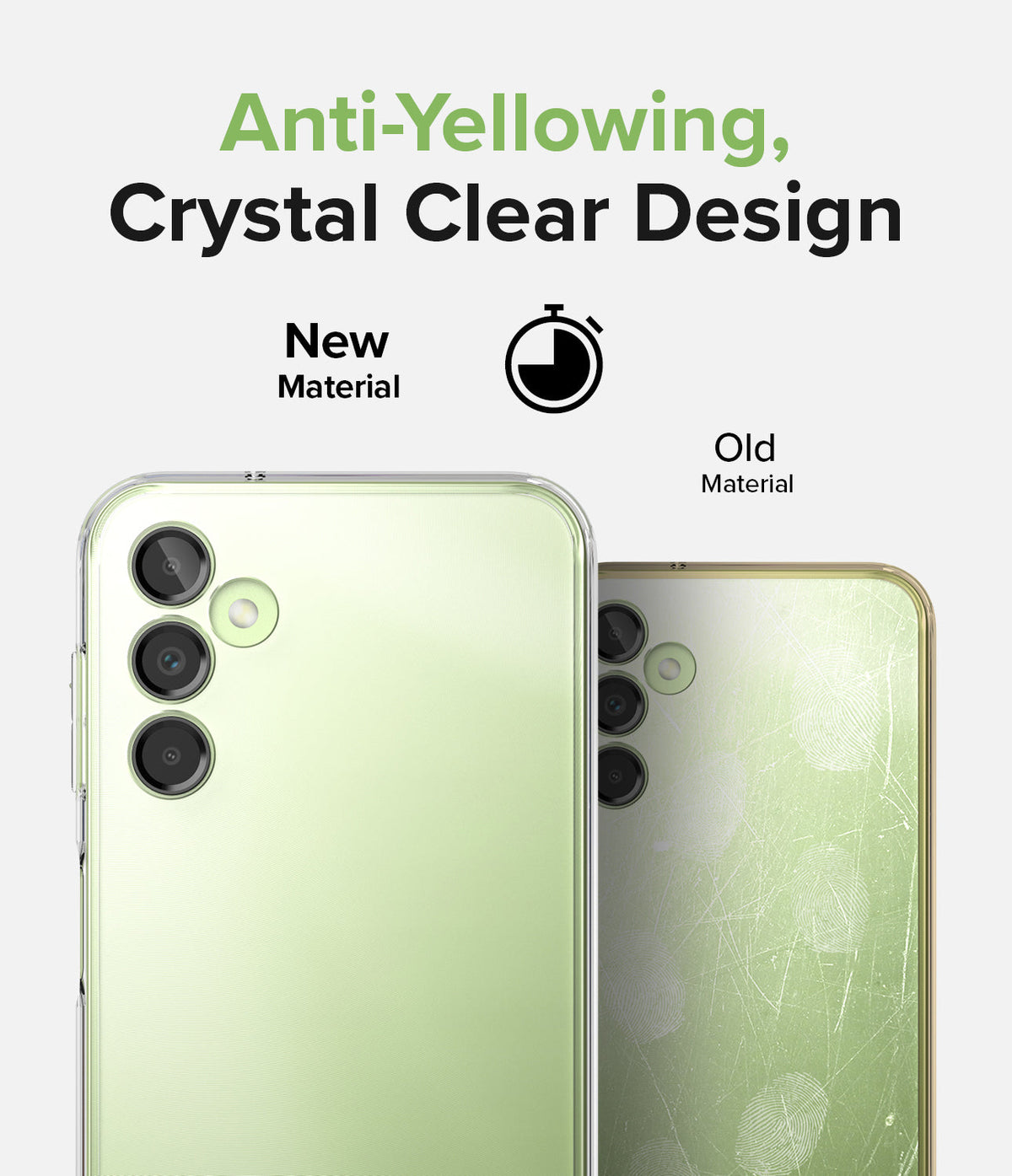 Galaxy A14 Case | Fusion - Comparison of a clear, pristine phone case versus a yellowed, scratched old material case.
