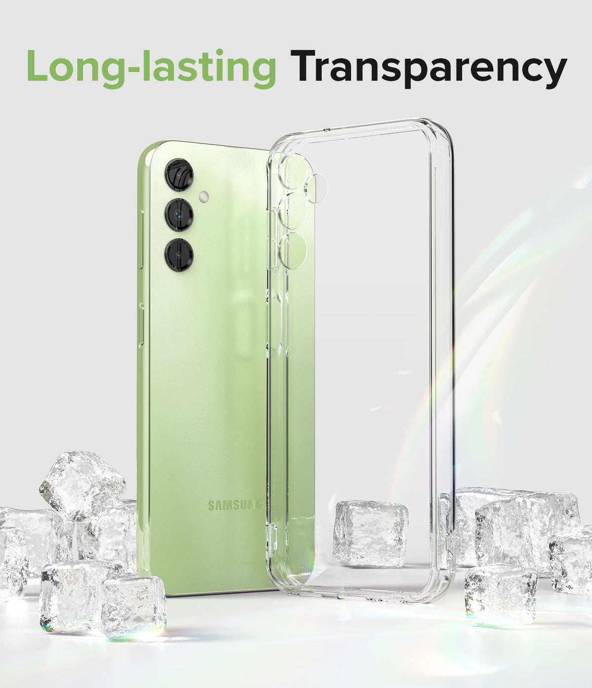 Galaxy A14 Case | Fusion - Light green Samsung phone beside a clear protective case surrounded by ice cubes.
