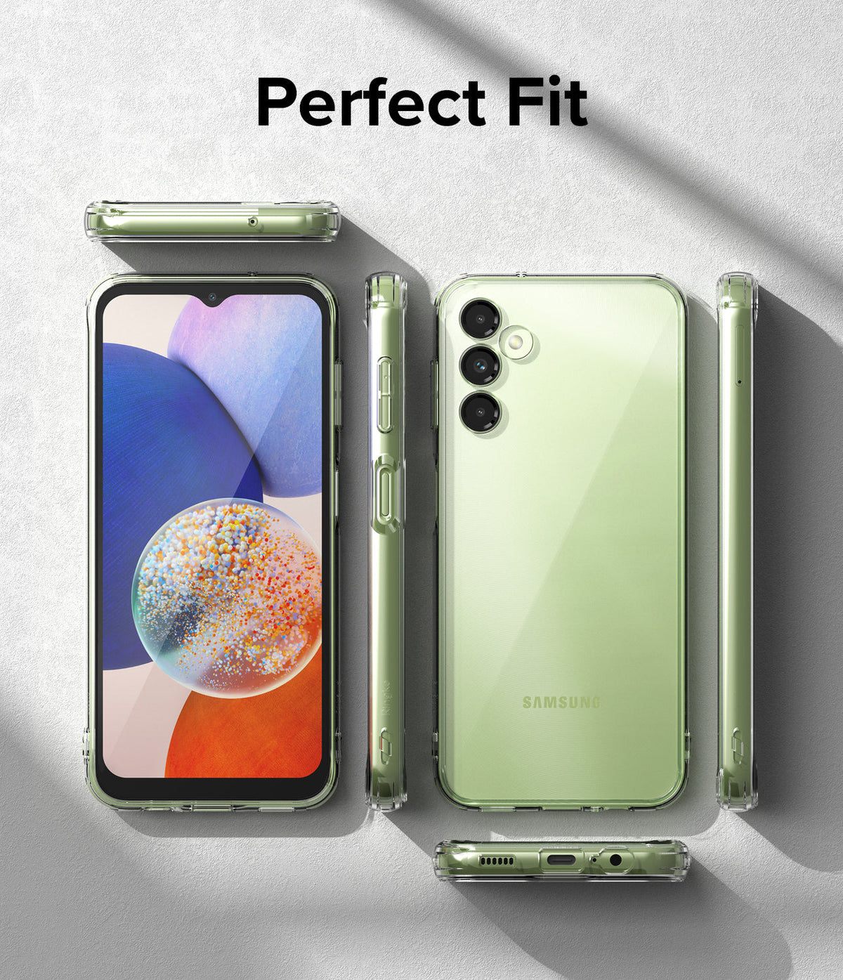 Galaxy A14 Case | Fusion - Clear phone case on a light green Samsung Galaxy A14 shown from front, back, and side angles.