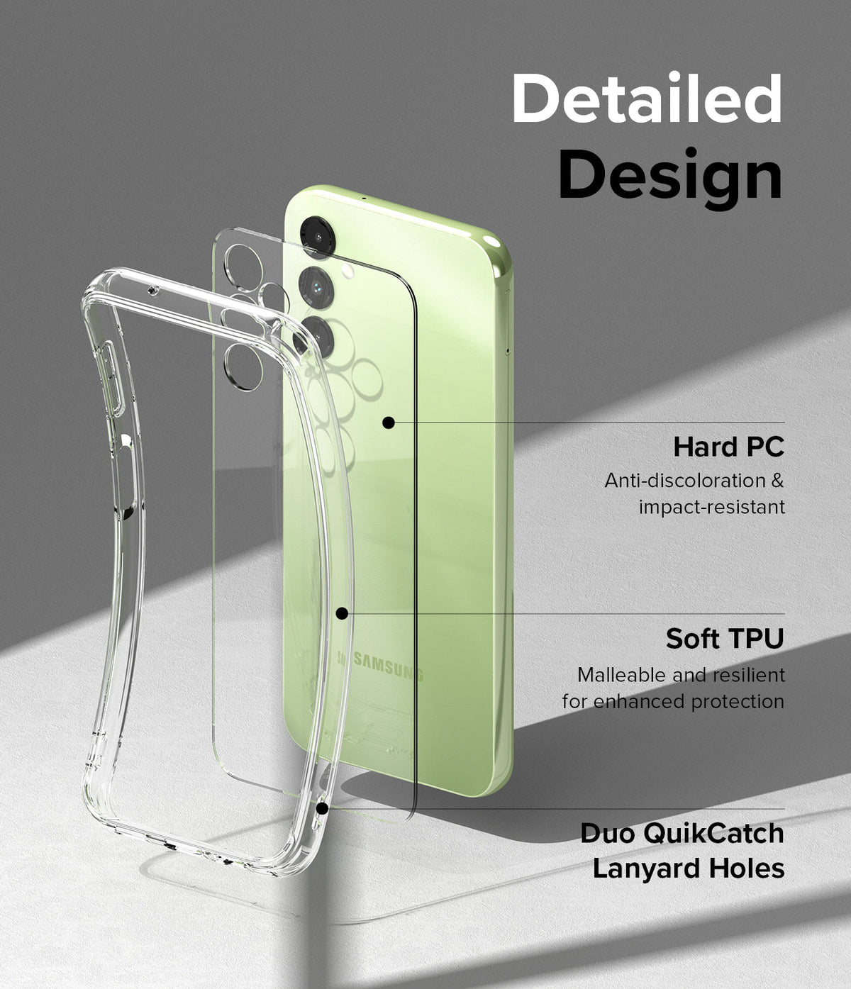 Galaxy A14 Case | Fusion - Clear phone case showing hard PC back, soft TPU frame, and lanyard holes on a green phone.
