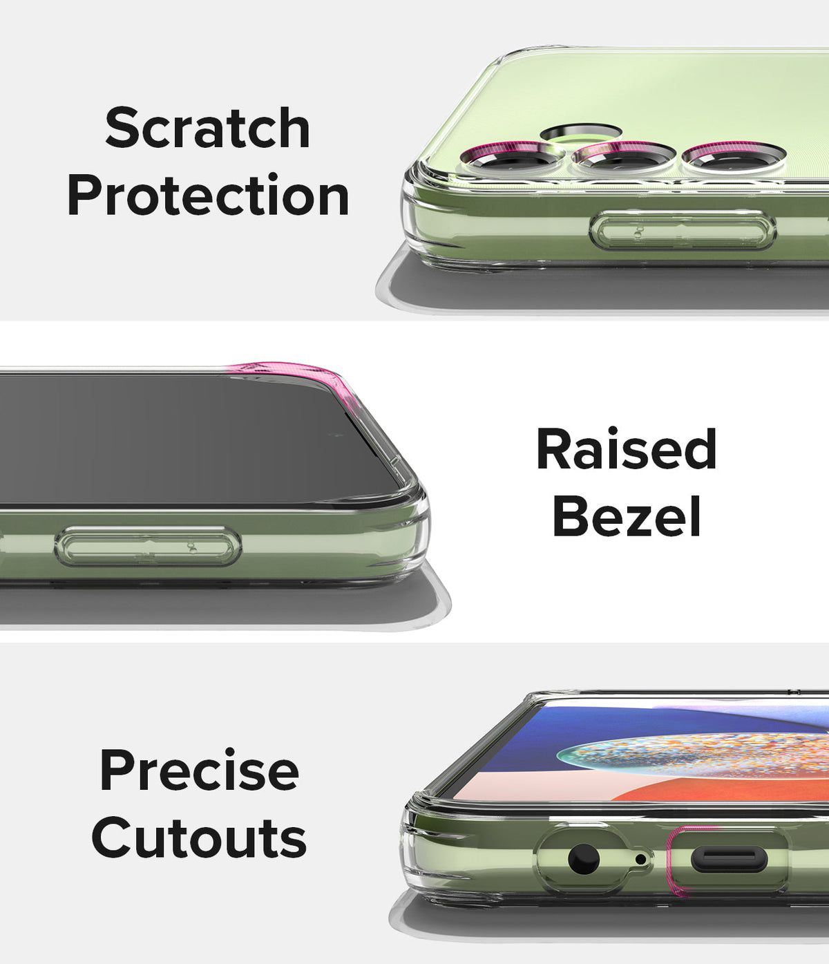 Galaxy A14 Case | Fusion - Three close-up views showing scratch protection, raised bezels, and precise port cutouts.