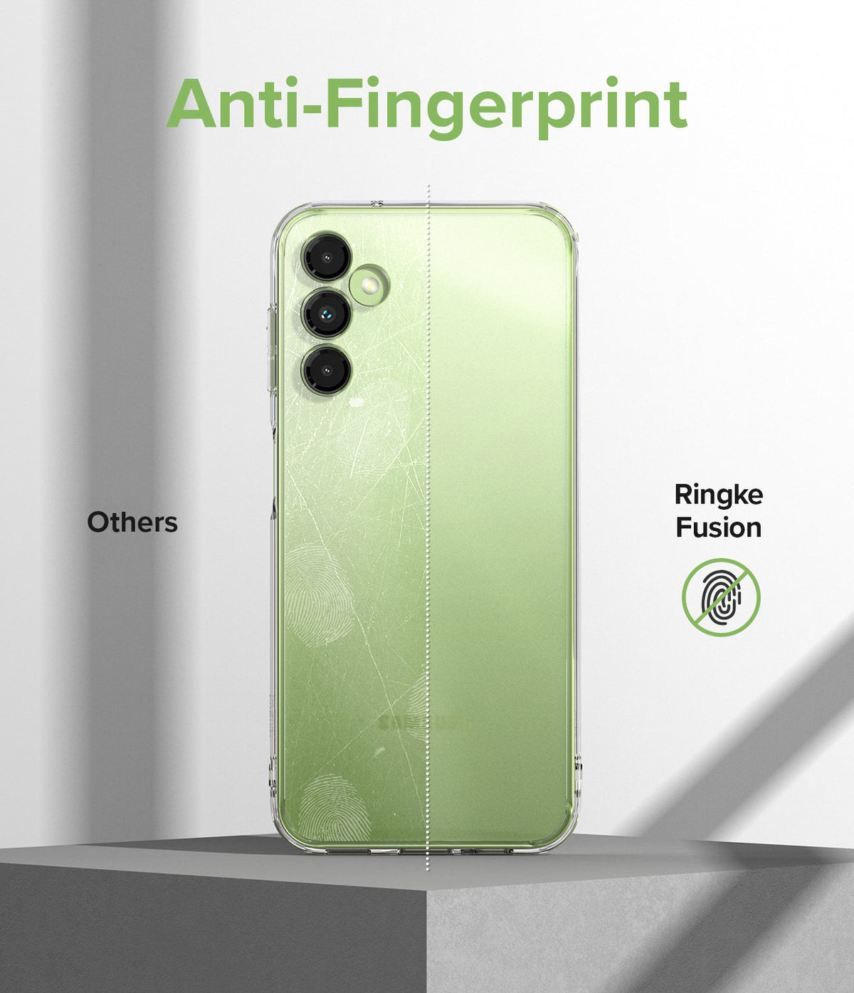 Galaxy A14 Case | Fusion - Comparison showing a smudged phone case versus a clean Ringke Fusion case with anti-fingerprint.