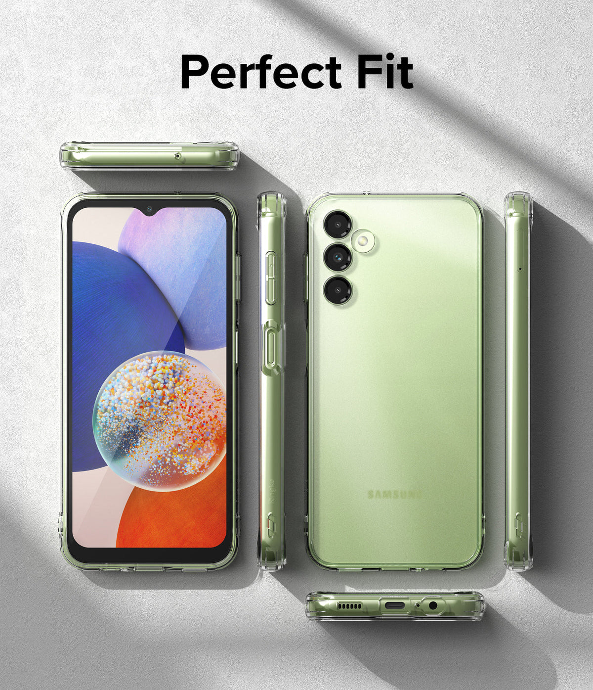 Galaxy A14 Case | Fusion - Clear protective case shown on a light green Samsung Galaxy A14 from multiple angles.