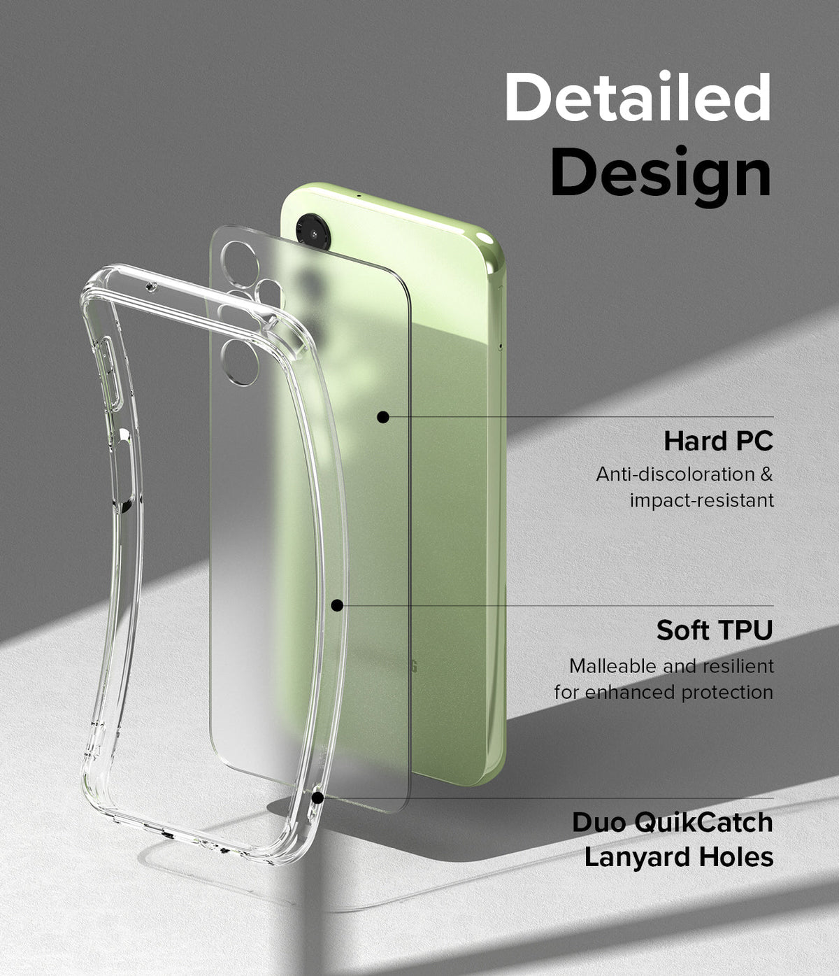 Galaxy A14 Case | Fusion - Exploded view of a clear phone case showing hard PC back, soft TPU frame, and lanyard holes.