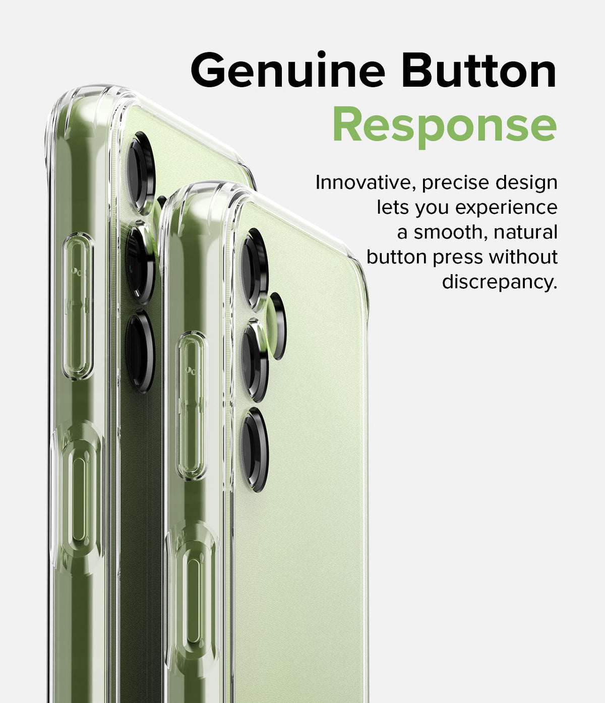 Galaxy A14 Case | Fusion - Close-up of a clear phone case on a light green Galaxy A14 highlighting precise side button cutouts.