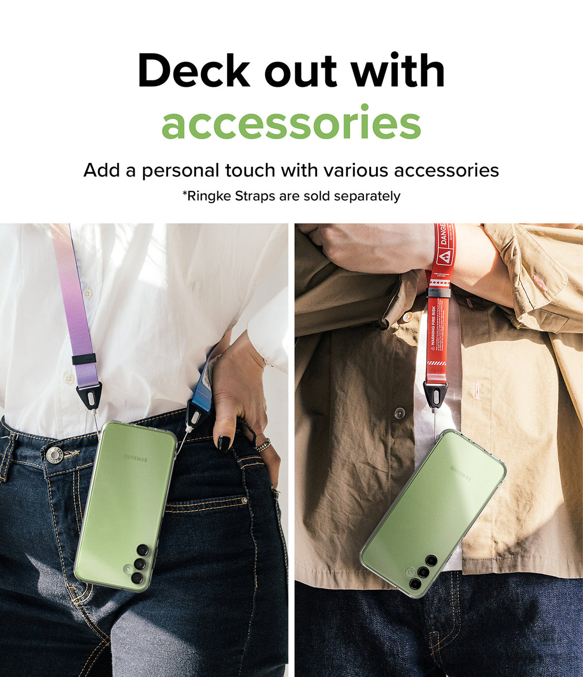 Galaxy A14 Case | Fusion - Two people wearing green phone cases on colorful neck straps as accessories.