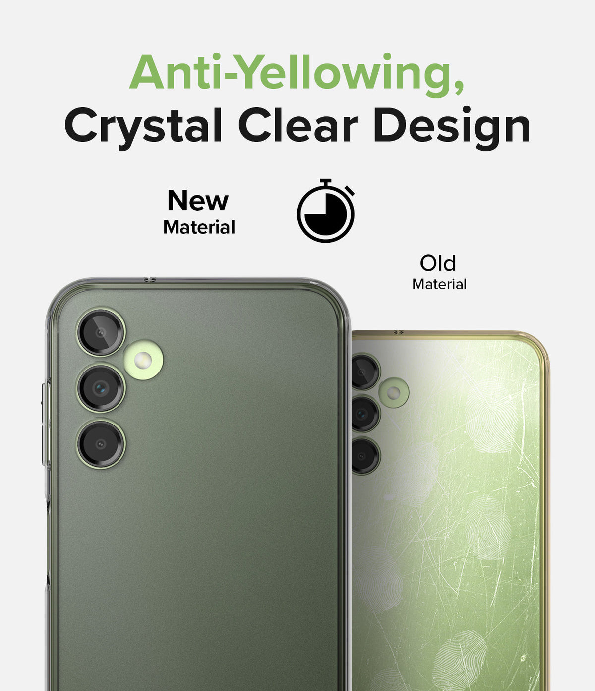 Galaxy A14 Case | Fusion - Comparison of a clear, pristine phone case versus an old, yellowed, and scratched case.