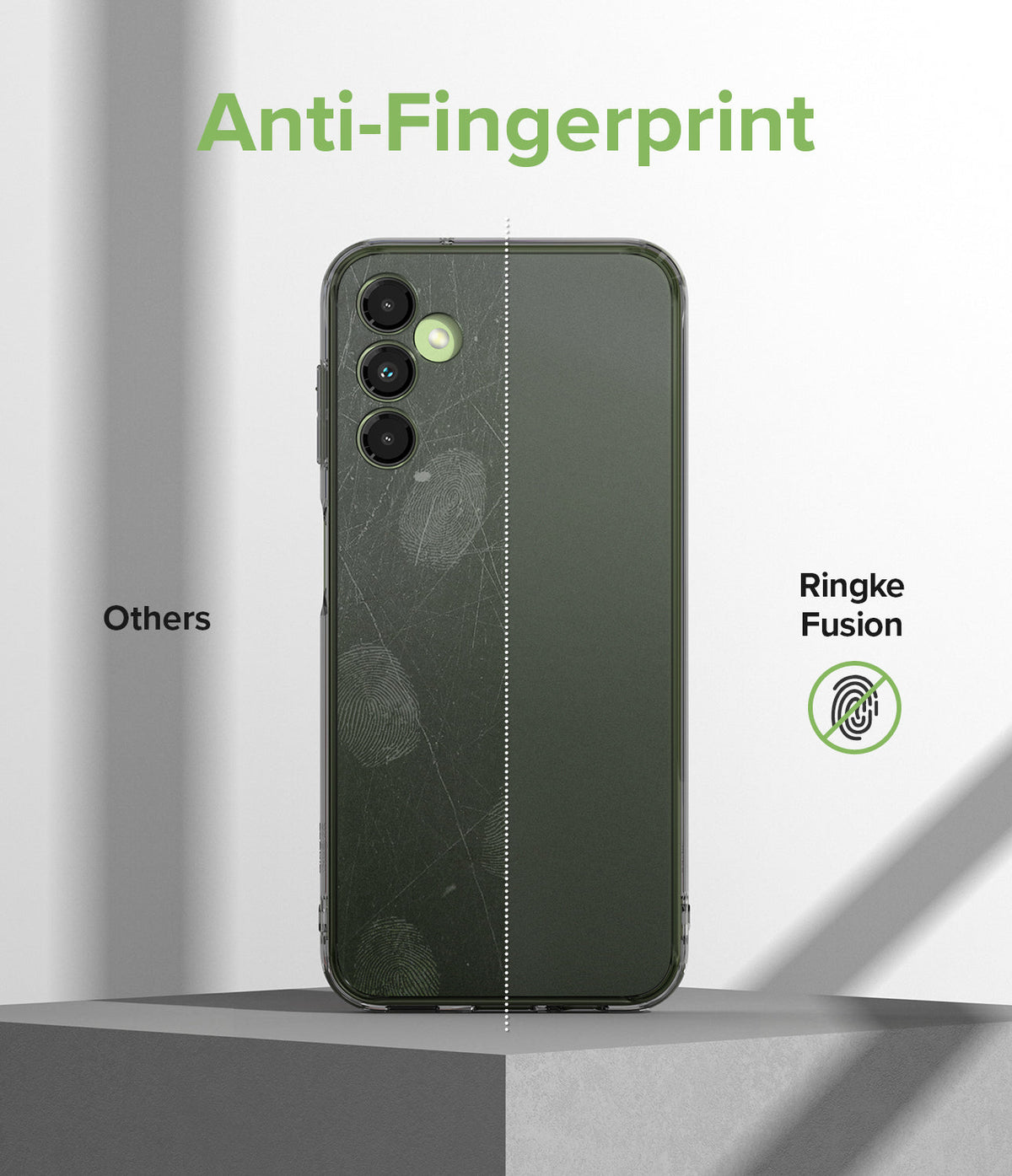 Galaxy A14 Case | Fusion - Comparison showing a scratched, fingerprint-covered phone case versus a clean Ringke Fusion case.