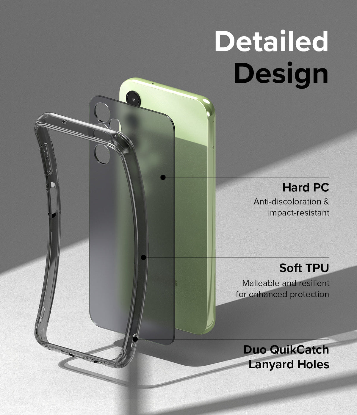 Galaxy A14 Case | Fusion - Exploded view of a phone case showing hard PC back, soft TPU frame, and lanyard holes.