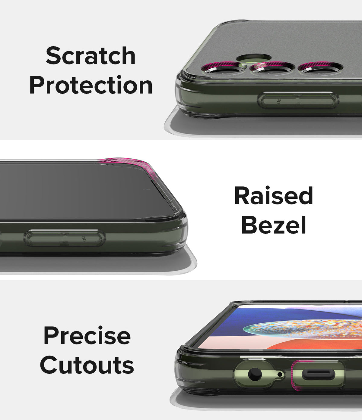 Galaxy A14 Case | Fusion - Close-ups showing scratch protection, raised screen bezels, and precise port cutouts.