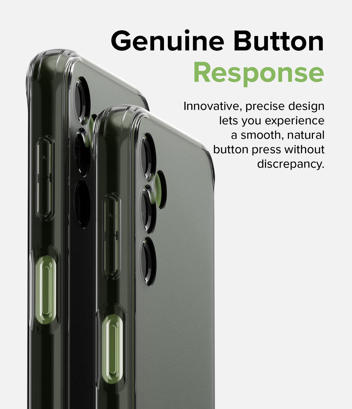 Galaxy A14 Case | Fusion - Close-up of two Galaxy A14 phones in clear cases highlighting responsive side buttons.