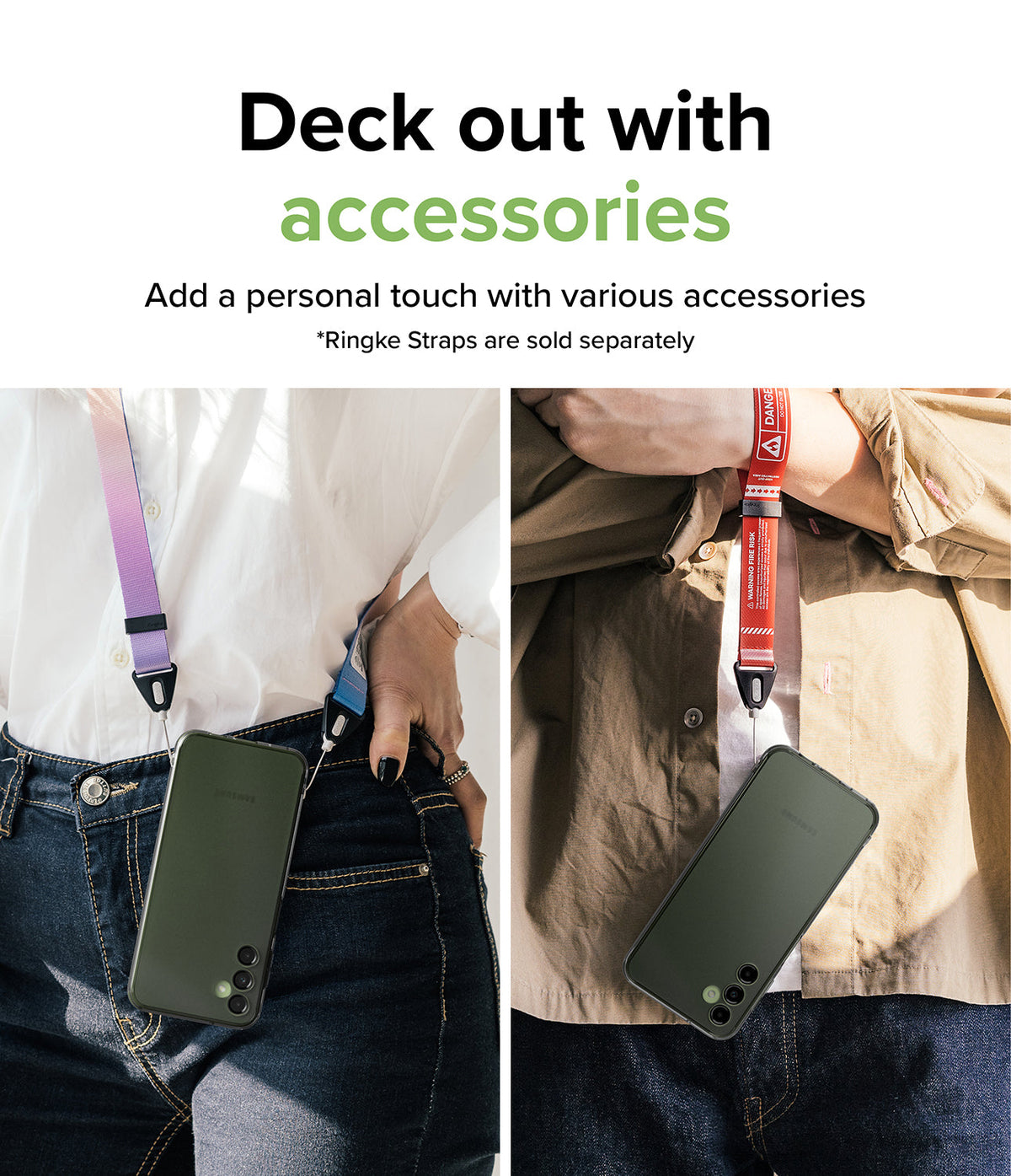 Galaxy A14 Case | Fusion - Two people wearing Galaxy A14 phones on colorful neck and wrist straps attached to the case.