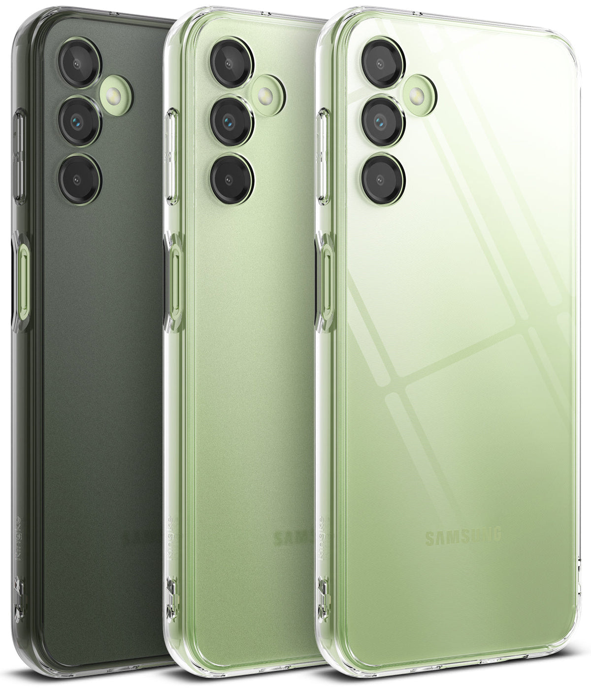 Galaxy A14 Case | Fusion - Three Samsung Galaxy A14 phones in clear Fusion cases with dark gray and light green back panels.