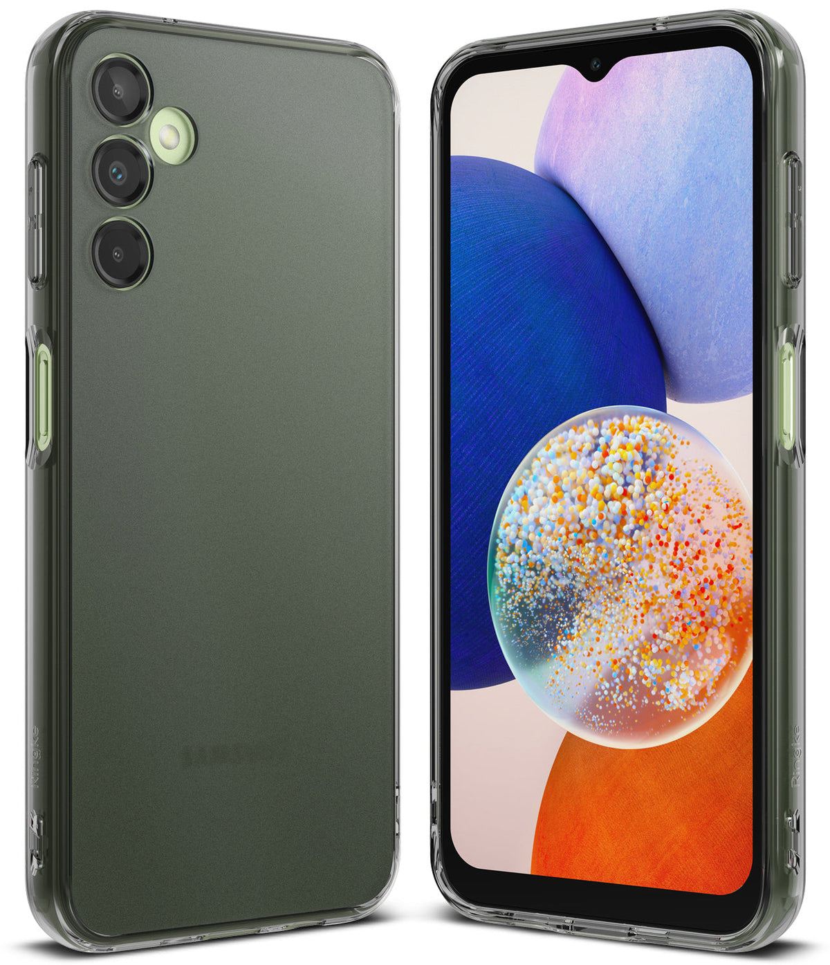 Galaxy A14 Case | Fusion - Front and back view of a Samsung Galaxy A14 in a clear, protective Ringke Fusion phone case.